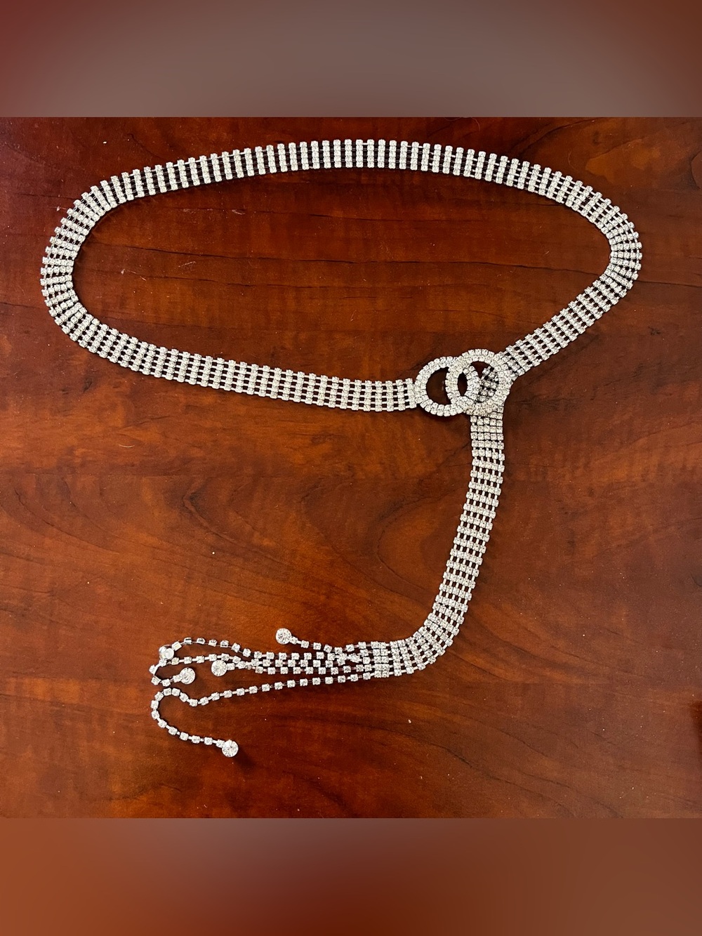 Crystal Rhinestone Lariat Belt - Silver Tone